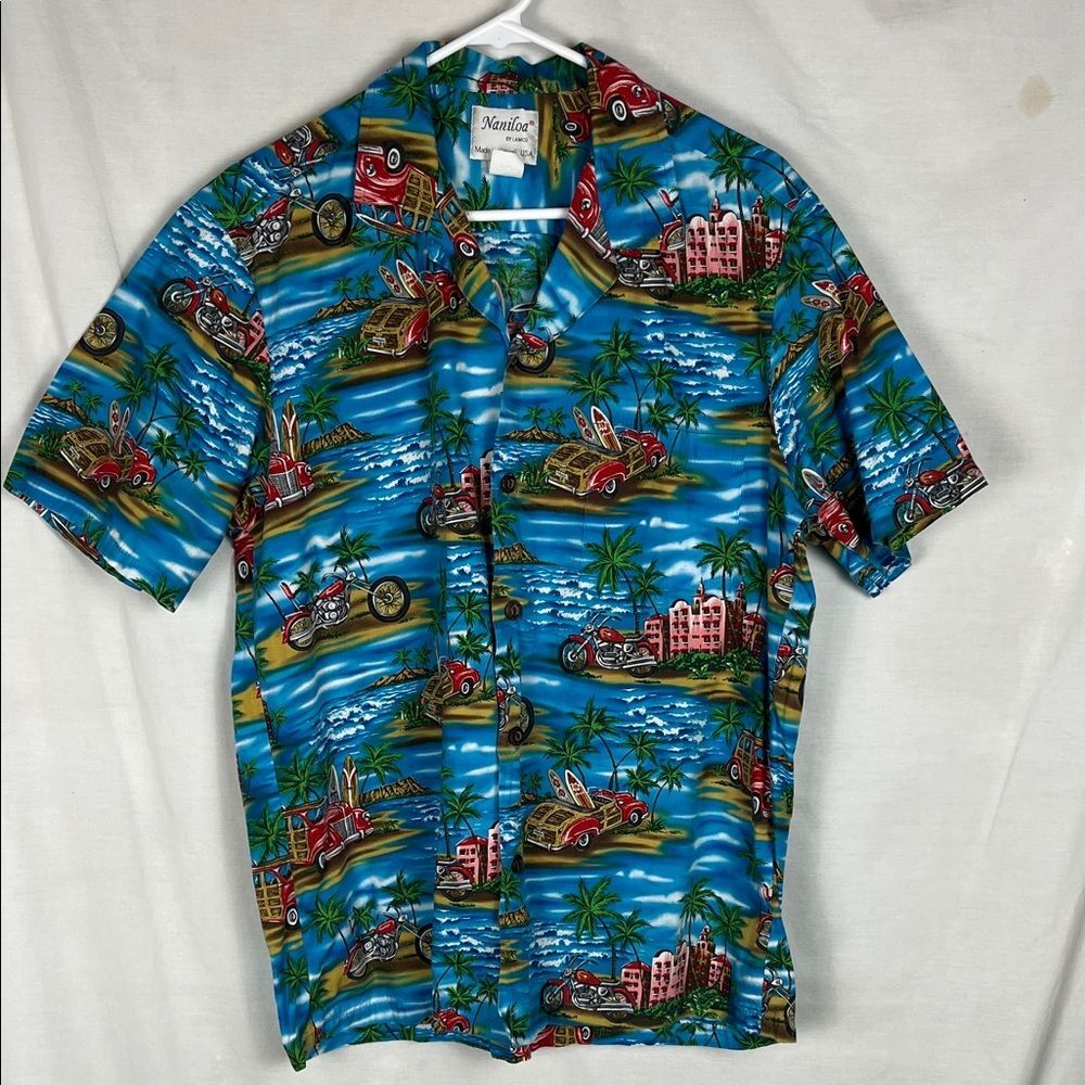 Vintage Naniloa Made in Hawaii Button Up Hawaiian Shirt Motorcycles and Cars